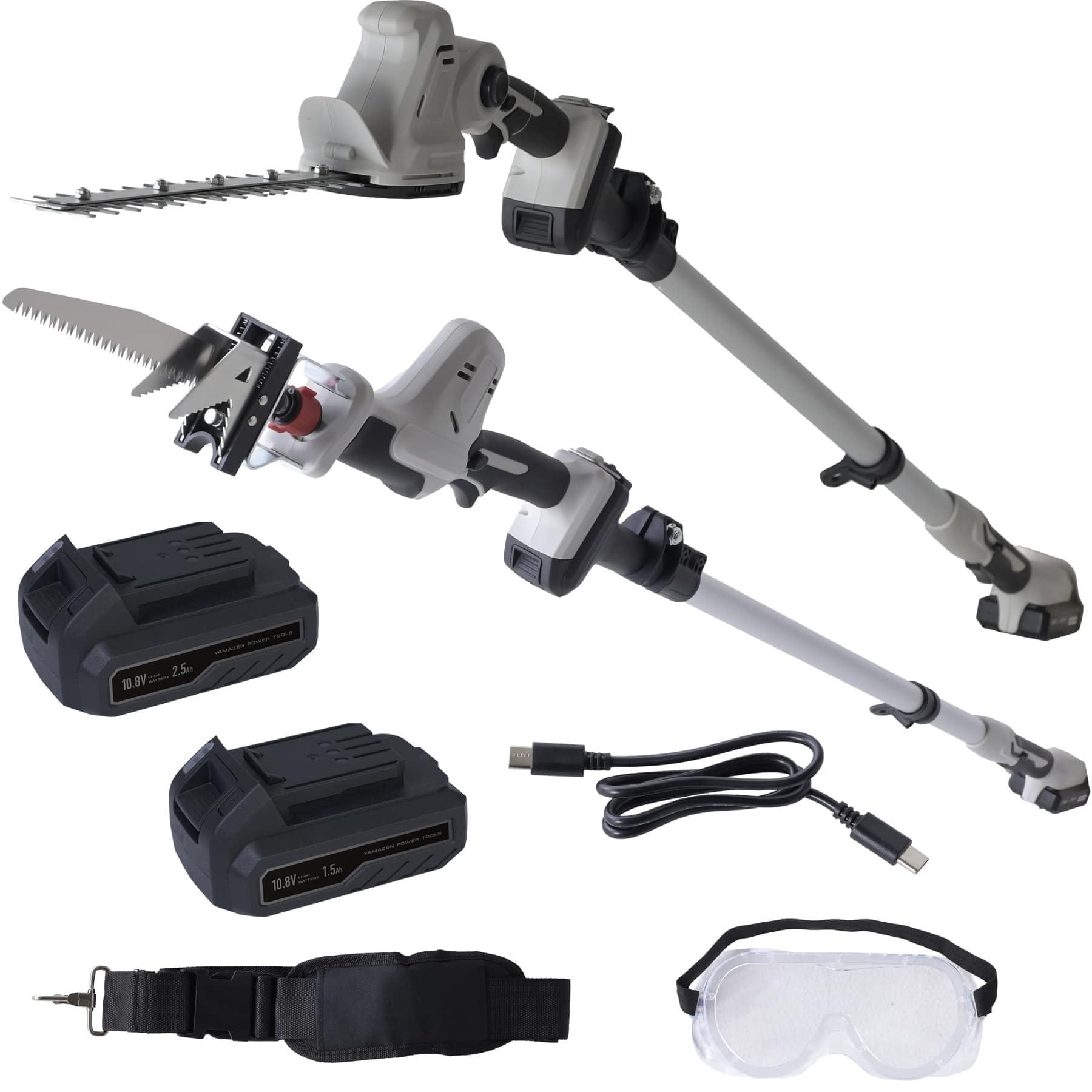 10.8V 充電式 高枝ガーデントリマー&amp ガーデンソーセット 伸縮式 コードレス 4WAY 高枝切りばさみ ヘッジトリマー 高枝チェーンソー 剪定 枝切 竹切 PHS-1025