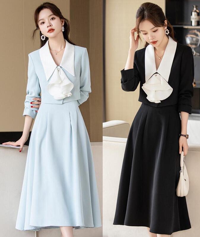 レディーススカートスーツセット　フランス風スーツジャケット　リボン　ショート丈　ミモレスカート　春秋　優雅　20代　30代　40代　50代　ビジネス　カジュアル　フェミニン制服OL 入学式 卒業式 通