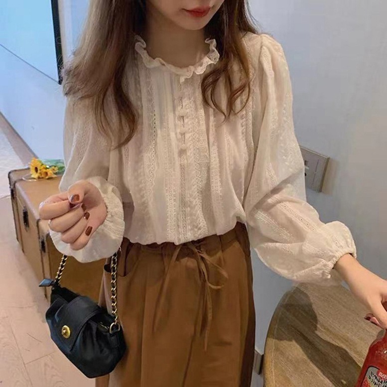 レディース レースブラウス 刺繍 レース ハイネック フリルネック 長袖 ボリュームスリーブ パフスリーブ ドロップショルダー 縦ライン ボタン デザイン オフホワイト 大人可愛い きれいめ