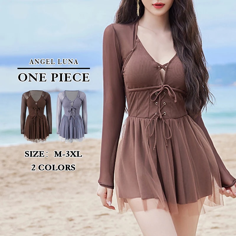 ワンピース 水着 2点セット レディース 体型カバー オールインワン 大きいサイズ ノンワイヤー フリル ボクサー シアー 長袖アウター 無地 大人 女性用 小胸水着 盛れる お洒落 おしゃれ 可愛