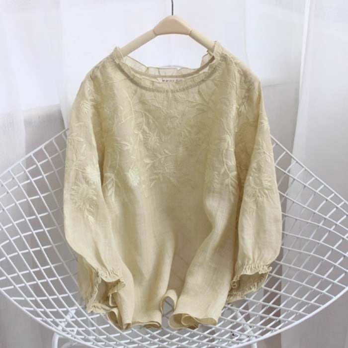 シャツ ブラウス レディース トップス プルオーバー 長袖 ラウンドネック 襟なし ワイド フレア 刺繍 透け感 薄手 大人可愛い きれいめ シンプル カジュアル 上品 おしゃれ レトロ アジアン