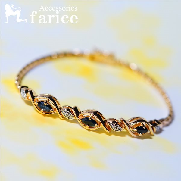 マーキースカット ダークブルーブラック天然石＆銀の玉(シルバースタッド)装飾 ツイストループ イエローゴールドコーティング レディース シルバージュエリー ブレスレット