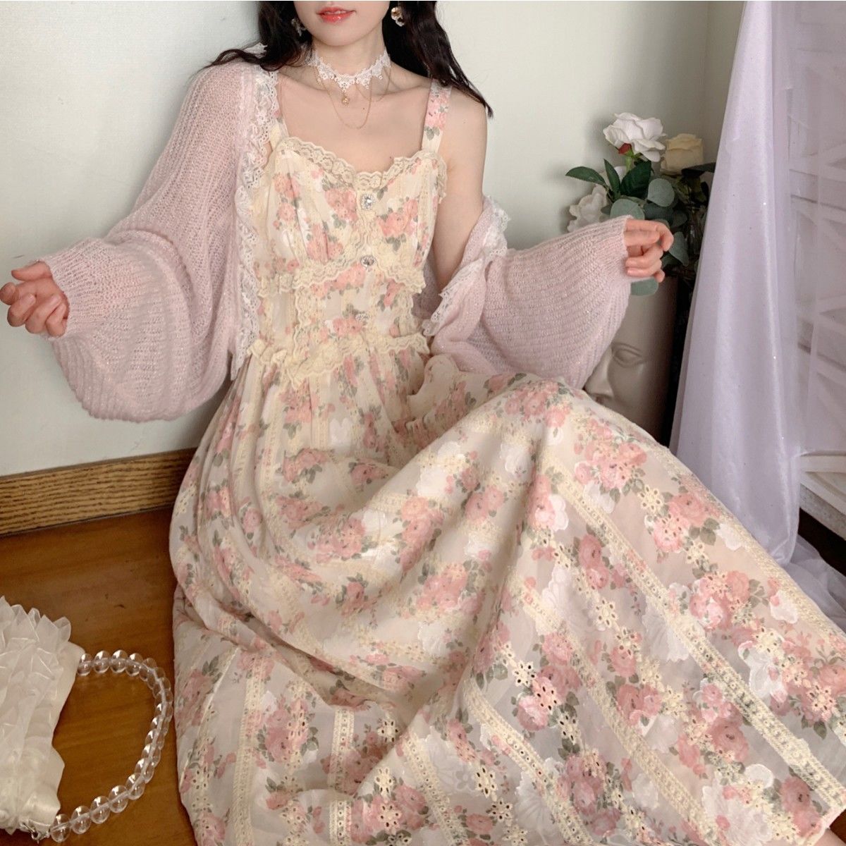 パーティードレス春夏作ハイウエストシフォン刺繍するレースキャミソールスカートティーブレイクドレス