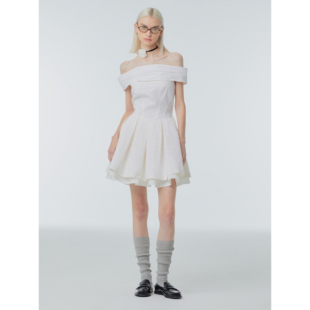 インスタントファンクオフショルダーフレアドレス