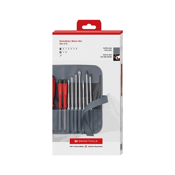 PB SWISS TOOLS ピービースイスツールズ 9本組 差替式ドライバーセット ロールケース（グレー）付 ペーパーボックス入 8218.GYCBB