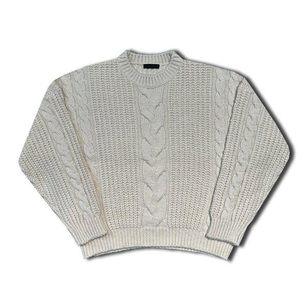 メンズワッフルケーブルラウンド長袖ニットTシャツ OF-KN-Q014-クリーム