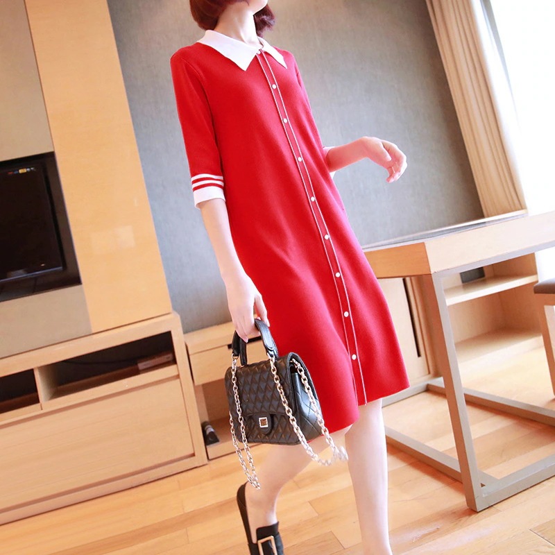 ワンピース ひざ丈ワンピース シャツワンピース Aライン ニット 膝丈 無地 開襟 七分袖 ゆった