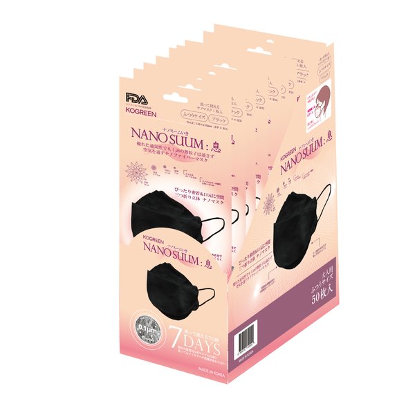 まとめ買いKOGREEN NANOSUUM:息 7DAYSブラック(50枚入)/韓国製三つ折り立体マスク