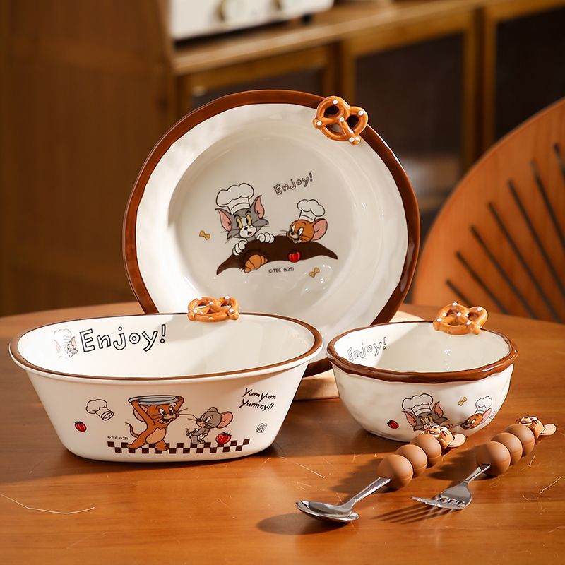 トムとジェリーの共同エンボスセラミック食器家庭用釉下色丼ヨーグルトデザートボウル一人用スープボウルプレート