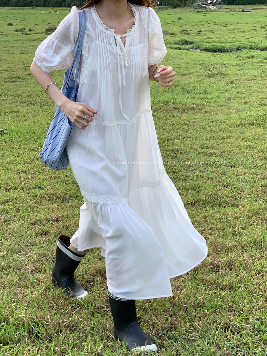 優しいスタイルの甘いレースのレースリボンゆったりドレス女性用2024年初恋ベビードールドレス