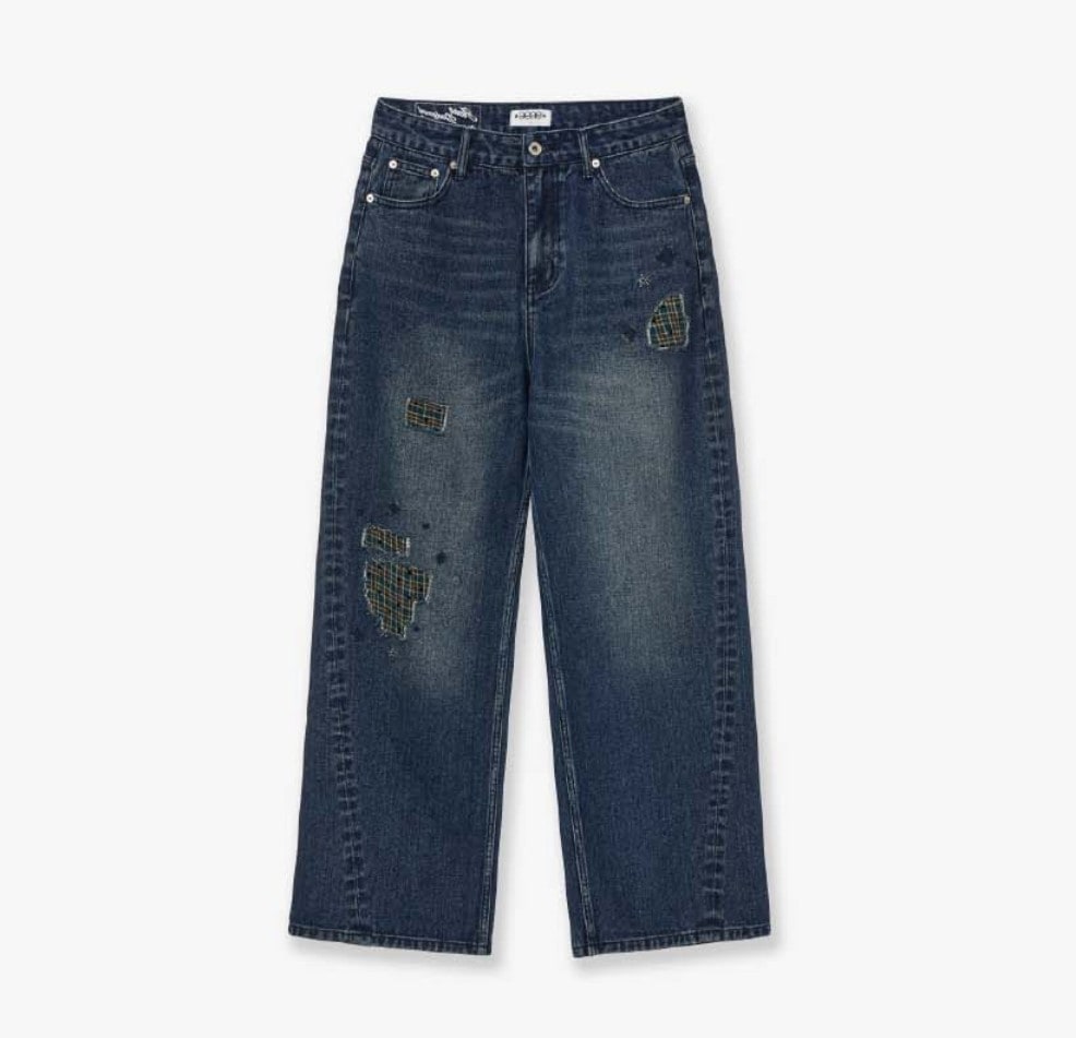 【aeae】 25FW CHECK PATCHWORK DENIM PANTS : ASH BLUE