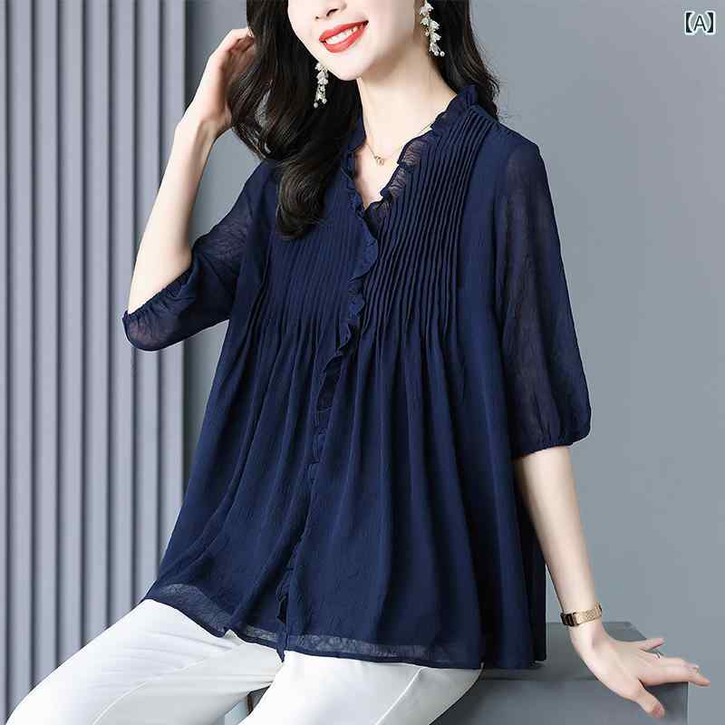 シフォン シャツ レディース おしゃれ 夏 お腹カバー スリム トップス 美しい 小さめ エレガント Vネック