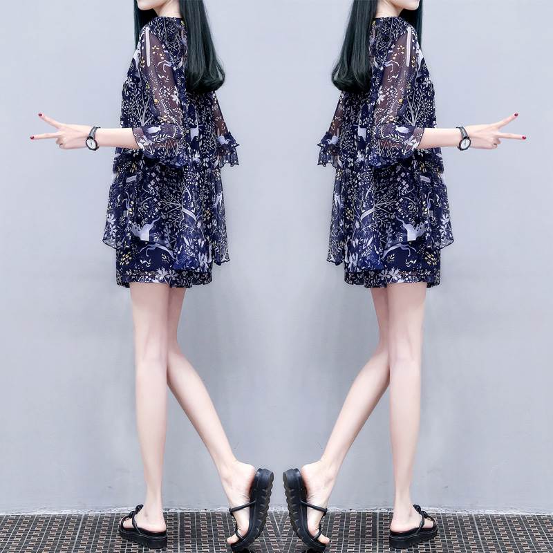 トップス パンツ 2点セット ツーピース 透け感 ミニ 7分袖 ブルー 柄 個性的 レディース Uネック 細身 シフォン 大人 お洒落 エスニック こなれ感 ラフ スポーティー ラブリー キュート ガ