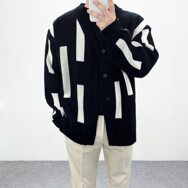 メンズ オーバーサイズ Vネック スティック配色パターン ニットカーディガン 3色