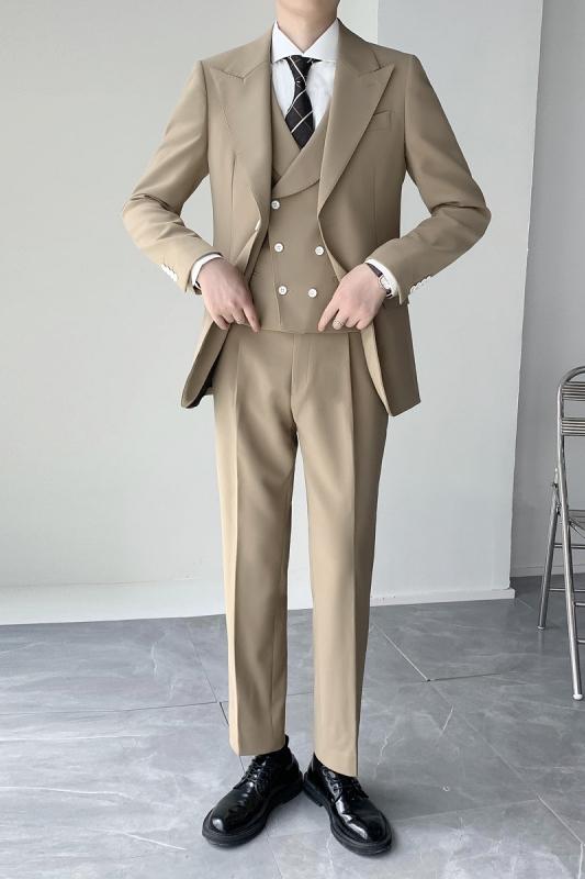 メンズ スーツ 上品 おしゃれ 英国 宮廷 紳士 ブラウンベージュ セット 秋 韓国 スリム ステージ パフォーマンス