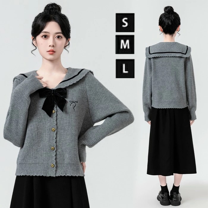 トップス 襟付き ニット ニットセーター セーター セーラーカラー レディース 長袖 襟 ショート丈 ニットトップス 可愛い リボン バイカラー 秋 冬 きれいめ グレー かわいい おしゃれ 暖かい 5,707円