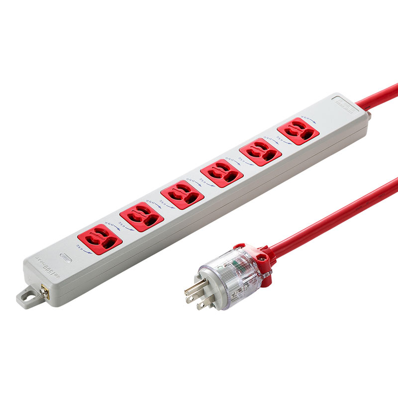 医用接地プラグ付き電源タップ 3P 6個口 レッド 3m TAP-HPM6-3R