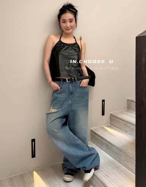 デニムパンツ レディース ダメージ ジーンズ クラッシュ ボトムス 夏 韓国 ストレート ワイド ブルー
