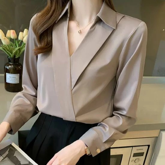 シフォンブラウス レディース シャツ トップス Ｖネック シンプル 無地 襟あり 長袖 カジュアル お出かけ おしゃれ きれいめ オフィス 通勤 袖口ボタン プルオーバー ファッション 女性 ブラウス