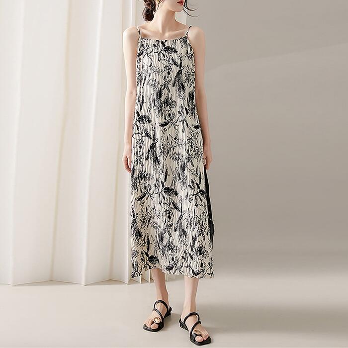 ワンピース ワンピ ドレス ボタニカル キャミワンピ レディース エレガント きれいめ カジュアル 大人 可愛い フェミニン ノースリーブ シワ加工 プリーツ ミモレ丈 Aライン 上品 リゾート ナチ