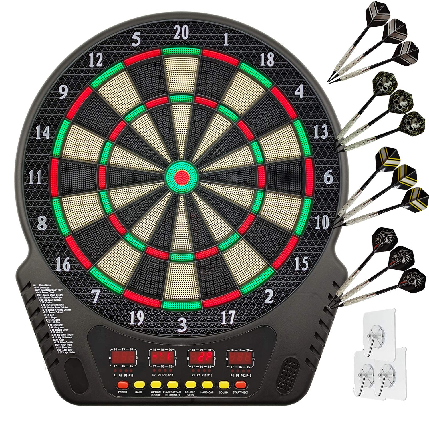 ダーツボード 電子 ソフトダーツ用 自動採点 4つのLEDディスプレイ 音声機能 ワンキーミュート 27ゲーム 243プレイ方法 最大16人が一緒に遊ぶ 豊富なアクセサリー (ダーツ矢×12ダーツ