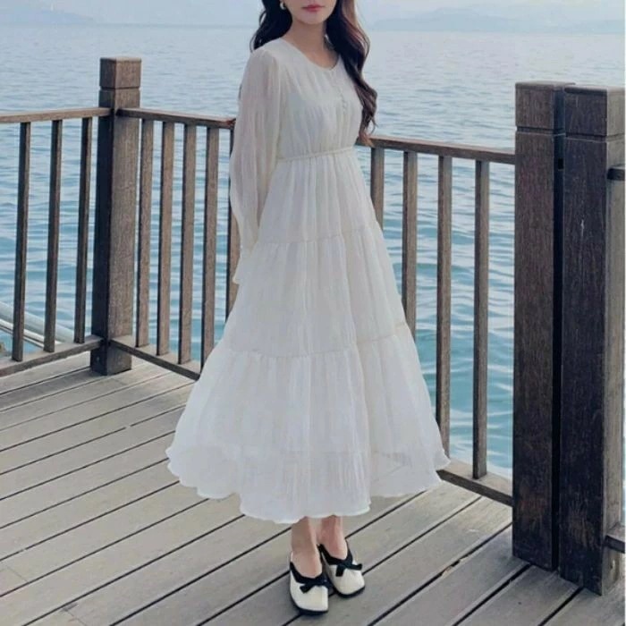 20代 エレガント ナチュラル ドレス 夏 ハイウエスト 白 50代 袖あり ホワイト フェミニン ワンピース レディース ロング丈 ティアード 長袖 シアー シンプル Aライン 体型カバー 透け感
