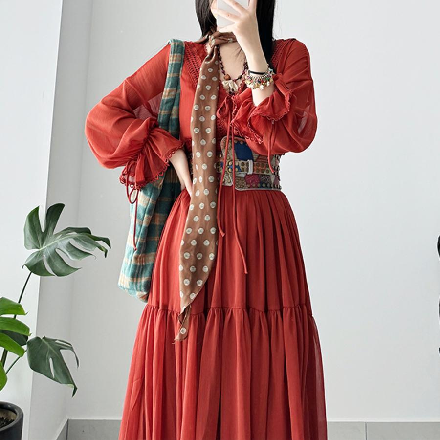 [夏の新作が登場！]ワンピース 七分袖 レディース 夏服 秋服 ロングワンピース マキシ丈 Vネック 民族風 エスニック風 カジュアル ハイウエスト レトロ お洒落 体型カバー