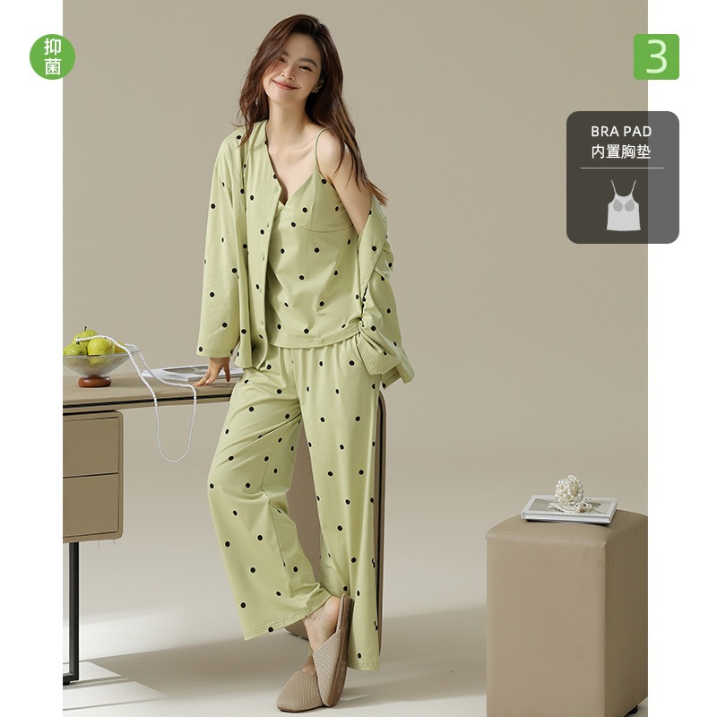 【抗菌新疆綿】春秋用3点セットパジャマ女性用長袖純綿ストレッチコットンホームウェア