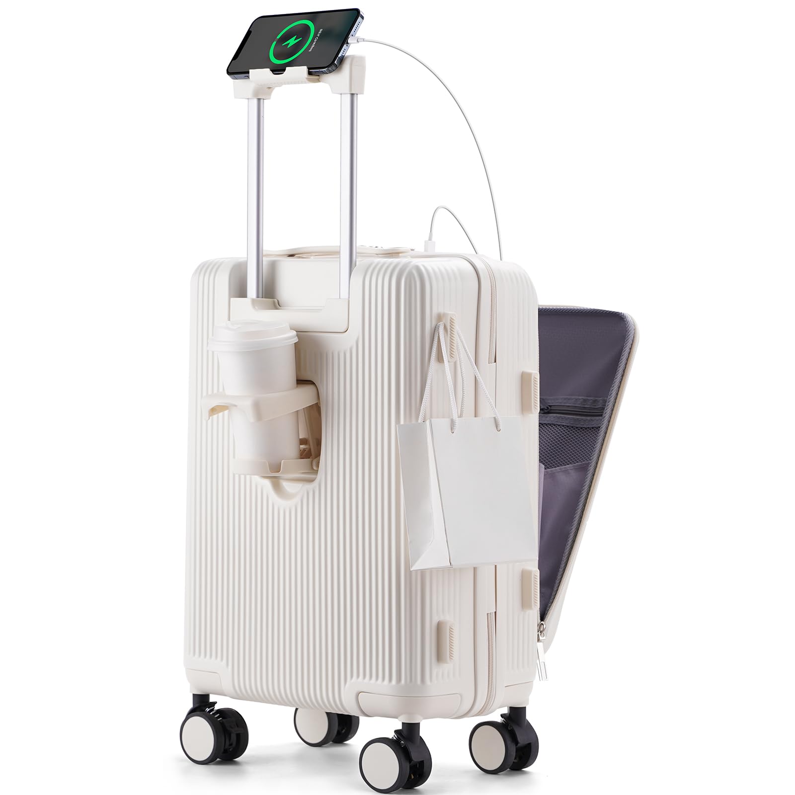 [RIMUKE] 前開き スーツケース 機内持ち込み キャリーケース パソコン収納ポケット USBポート付き カップホルダー付き キャリーケース 超軽量 360度回転 耐衝撃 ック 静音 旅行 ビジネ