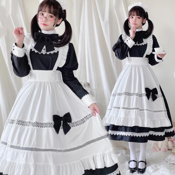 ロング丈 メイド服 長袖 メイドワンピース マキシメイドコスチューム 黒白 メイド服 コスプレ ロリータ ワンピース メイド喫茶 cosplay ロング エプロン ワンピ ハロウィン イベント 仮装