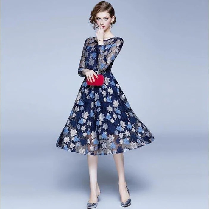 ワンピース結婚式お呼ばれVネックパーティードレスミモレ丈花柄総レースワンピース袖あり卒入式同窓会服2次会フォーマル