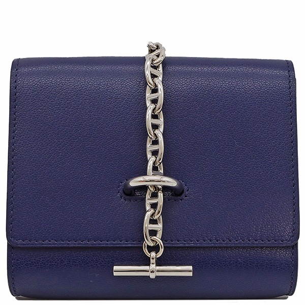 エルメス HERMES 二つ折り財布 シェーヌダンクル コンパクト シェーブルシャムキラ ブルーサフィール シルバー金具 新品 未使用 紺 ショルダー B刻印（2023年製） 【箱】【中古】