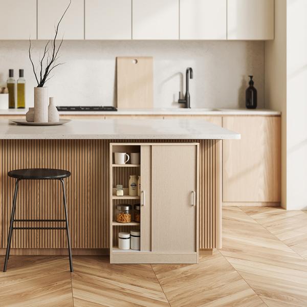 カウンター下収納 引き戸 約 幅60cm 高さ85cm 薄型 スリム おしゃれ 木目 北欧 ナチュラル 可動棚 幅木避け 巾木除け 扉 目隠し 白 ホワイト 収納棚 省スペース 7,384円