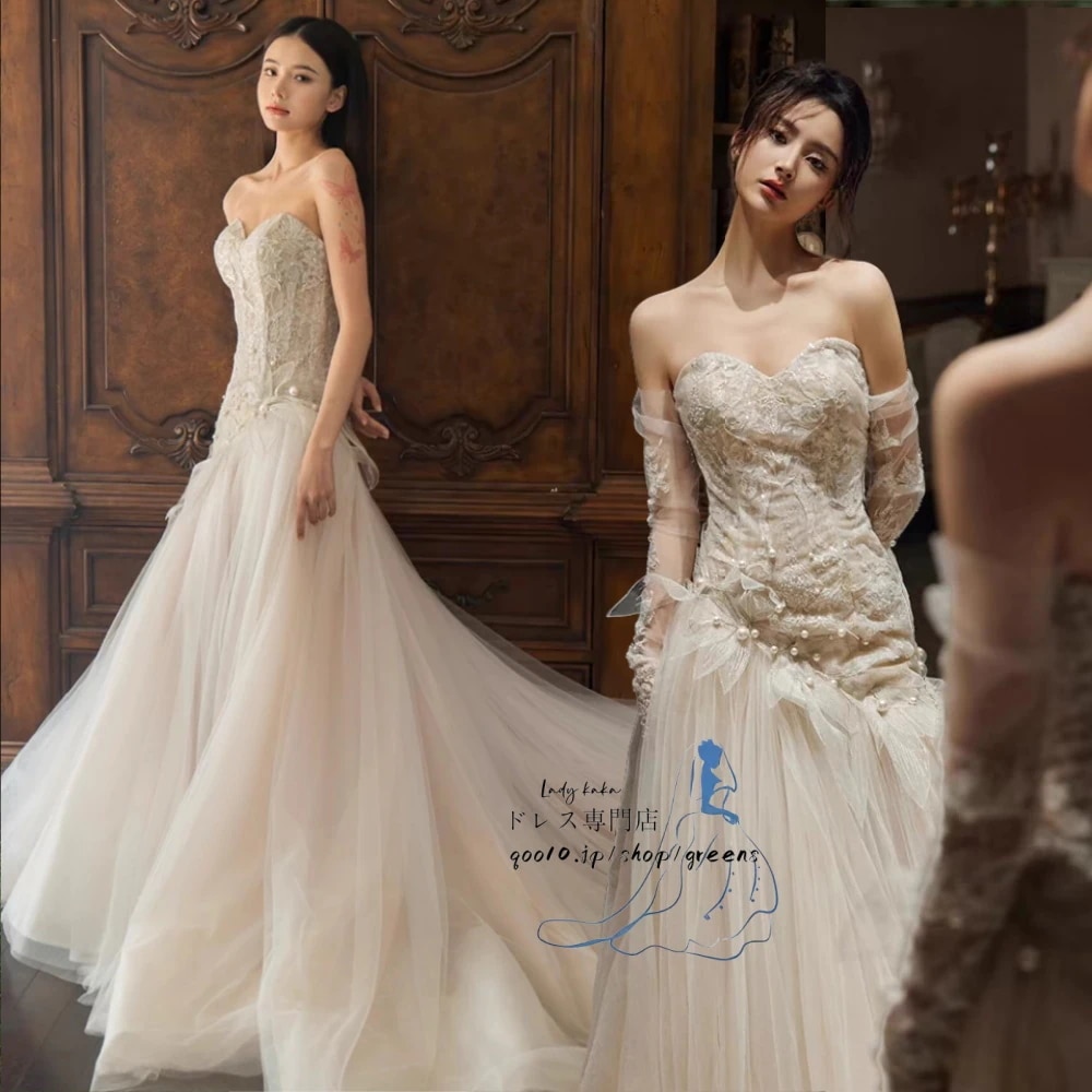 パーティードレス 花嫁 ウェディングドレス 披露宴 二次会 前撮り フランスの胸レースのシンプルなウエディングドレスフィッシュテールドレス 15,199円