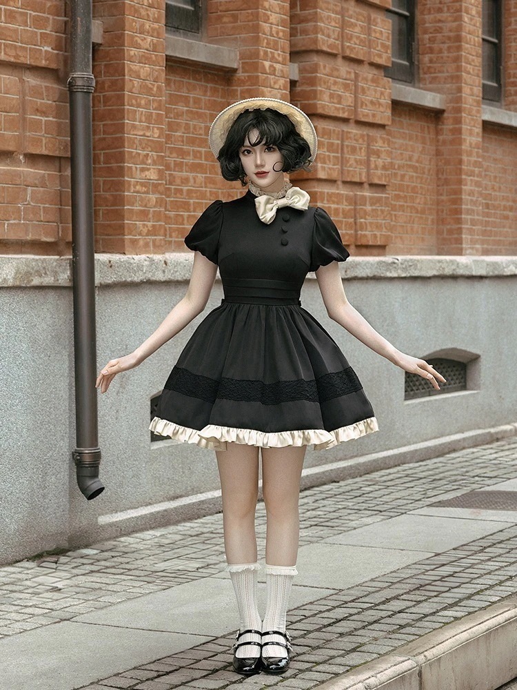 Lolita オリジナルデザインclaブラック半袖サマースカートリボンlolita 二次元 文化祭 メイド服