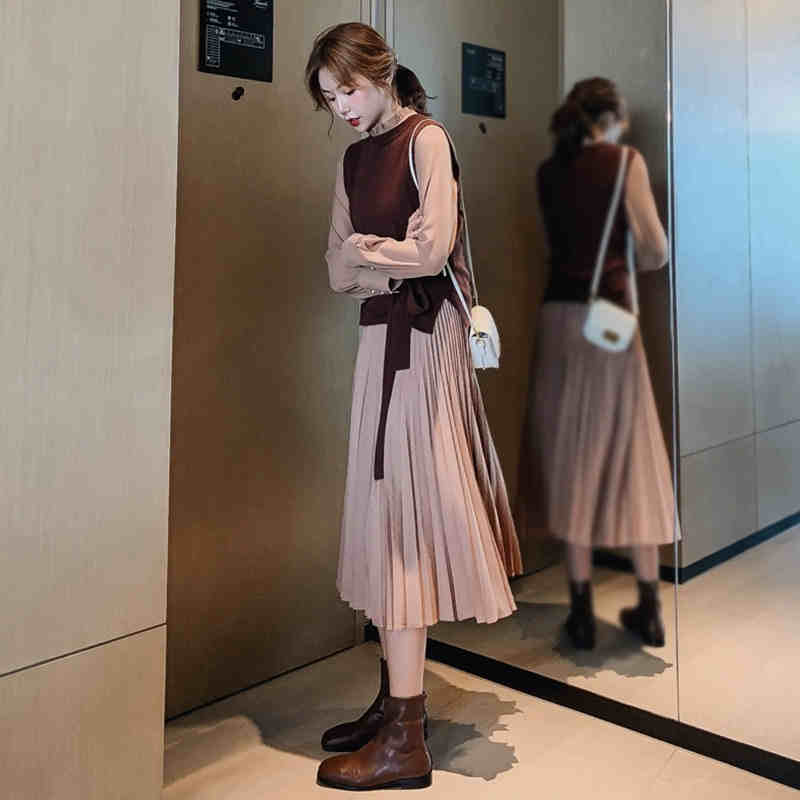 トップス ワンピース セットアップ ベスト l ミモレ ミモレ丈 袖あり 長袖 襟付き スタンドカラー Aライン 切り替えデザイン フリル ベルト ウエストリボン ハイウエスト ニット 2点セット