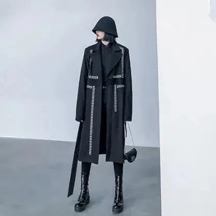 個性 不規則 デザイン Wラインストーン ラップロングコート 黒 かっこいい 個性コート