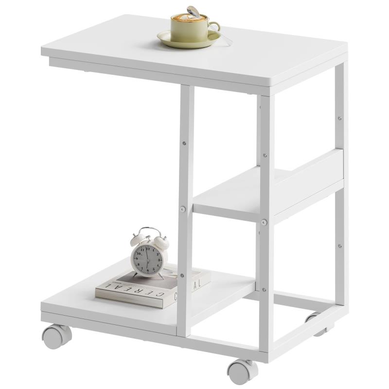 サイドテーブル キャスター付き ソファーテーブル コの字型ベッドサイドテーブル ソファ 可移動 層板は調節可能 幅48×奥行30×高さ60cm（キャスター約5CM） 白い
