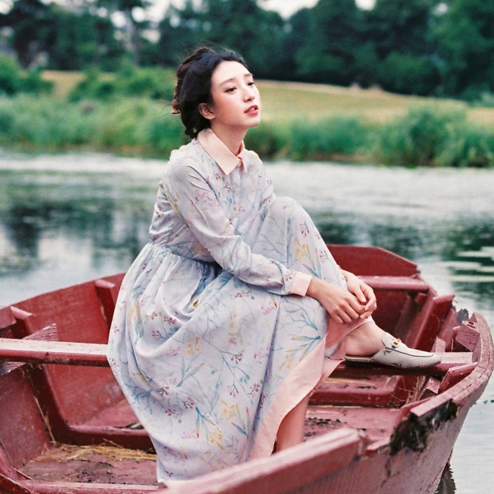 1223．レトロ花柄シフォンワンピース（パープル）