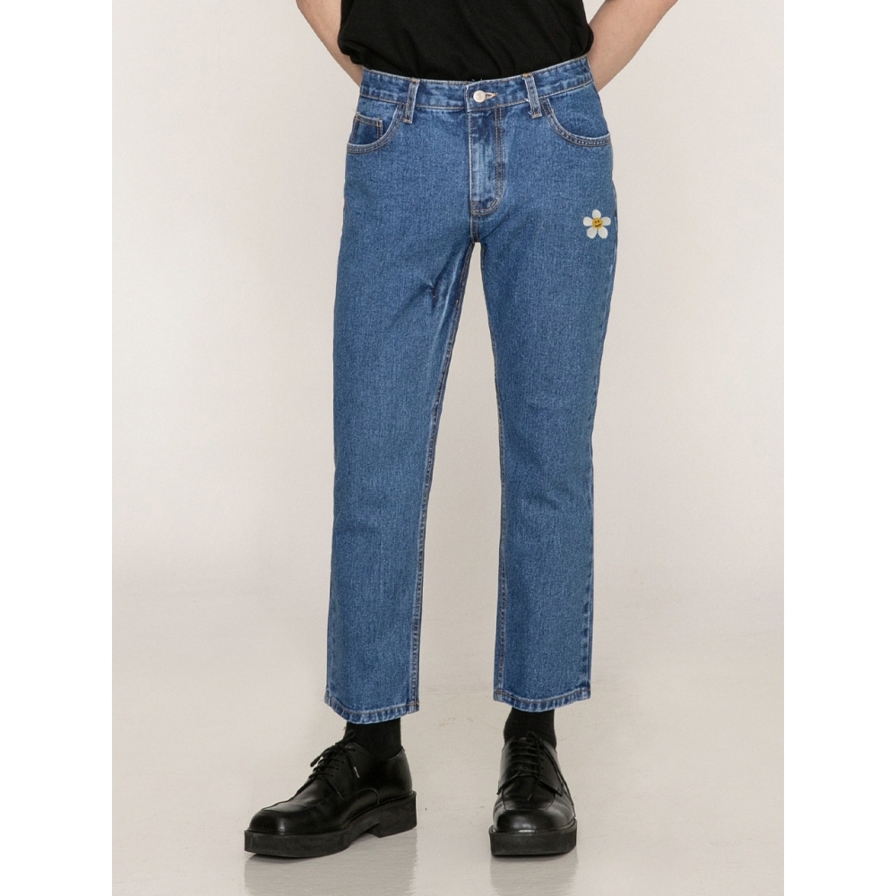 GRAVER アッパーフラワースマイルスリムテーパードデニムパンツブルー