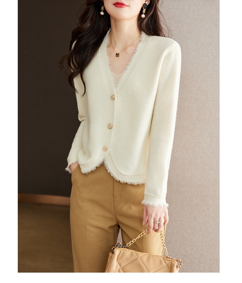 秋 スタイル ショート スタイル カーディガン トップ 女性 ウール エッジ デザイン ピュア ウール コート ベージュ キャメル M L XL XXL トップス 袖あり かわいい 大人可愛い