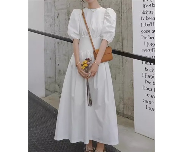 レディース ワンピース プルオーバー ドレス ロング 半袖 ボリューム袖 パフスリーブ ラウンドネック Aライン フェミニン ファスナー ポケット ウエストゴム コットン ストレッチ 伸縮性 かわいい