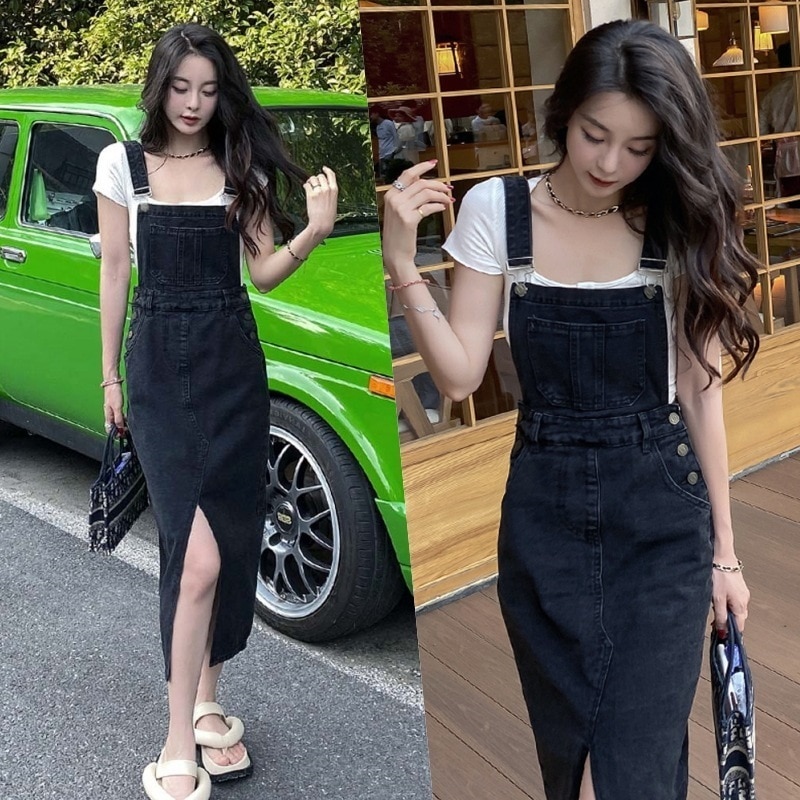 ボトムス スカート サロペット デニムスカート ミモレ ミモレ丈 半端丈 スクエアネック スリム タイト 細身 アシンメトリー 切り替えデザイン スリット サイドスリット ポケット デニム