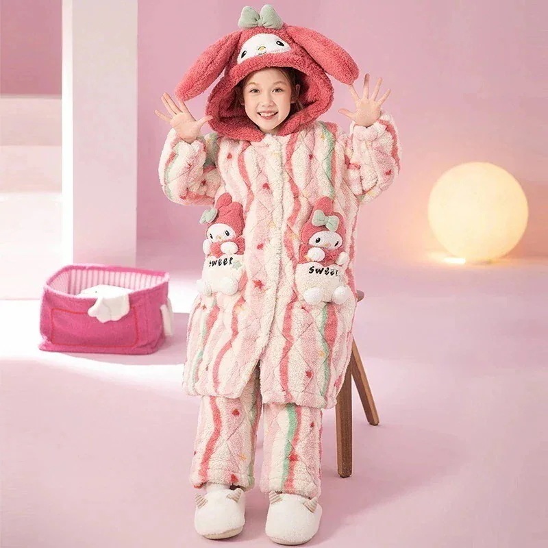 女の子の3層パッド入りパジャマセット中と大きな子供のためののベルベット厚みのある漫画の子供のドレッシングガウンラウンジウェア
