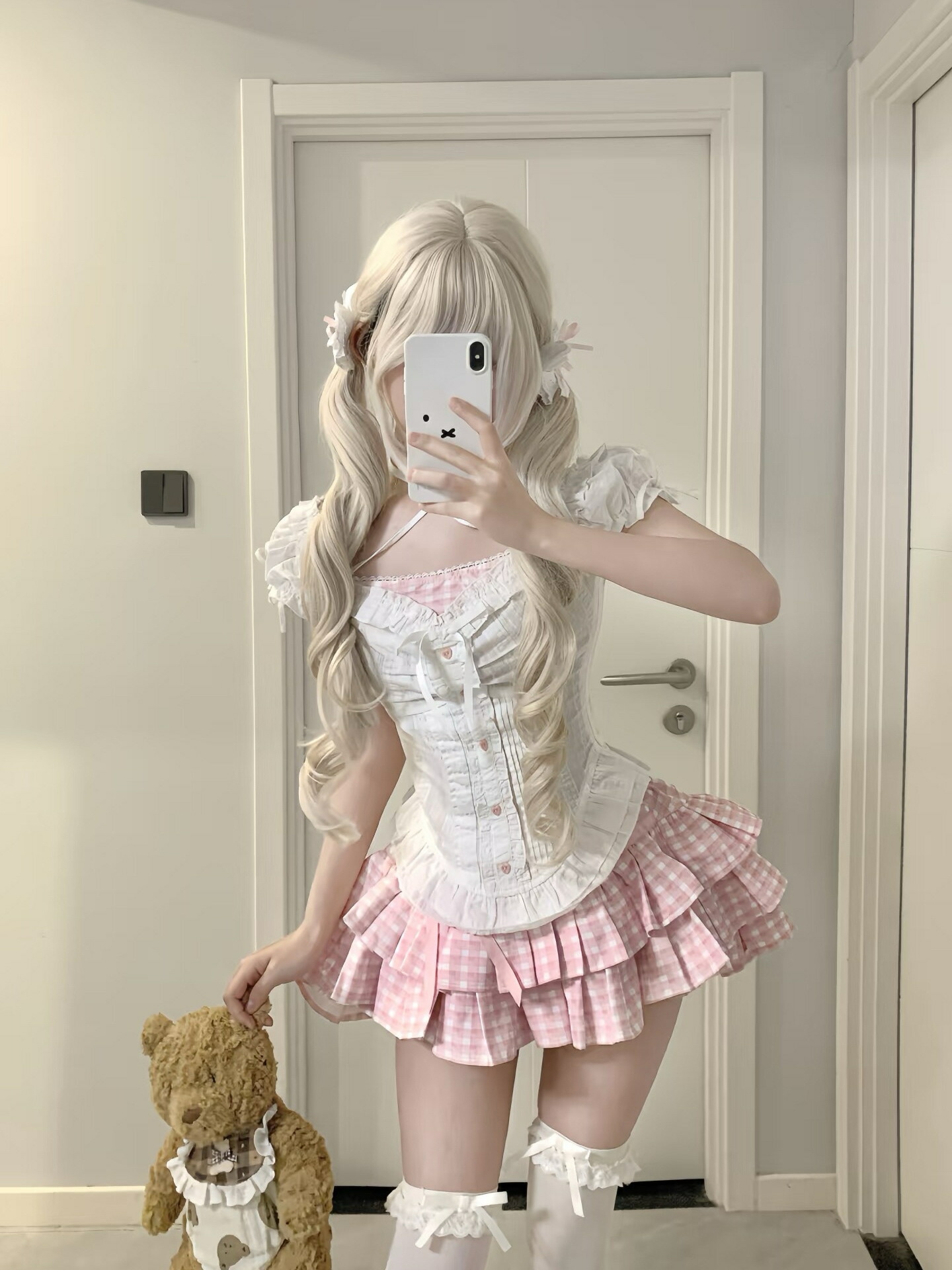 【新作登場 最安値】ロリータ服 上下セット ミニ袖 トップス チェック柄パンツスカート ショート丈 スクエアネック 可愛いメイド服 コスチューム 半袖 フリル コスプレ衣装 cosplay ハロウィ