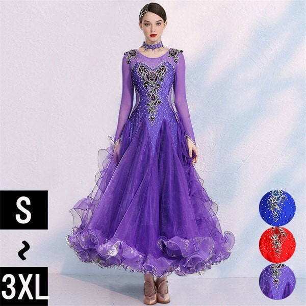 社交ダンス ワンピース モダンドレス 大きいサイズ 長袖 社交ダンスドレス 紫 赤 社交ダンス衣装 ダンス発表会 大きい裾 スタンダードドレス 競技着 練習着 演出用 ワルツダンス ダンス衣装 ダンスダンス