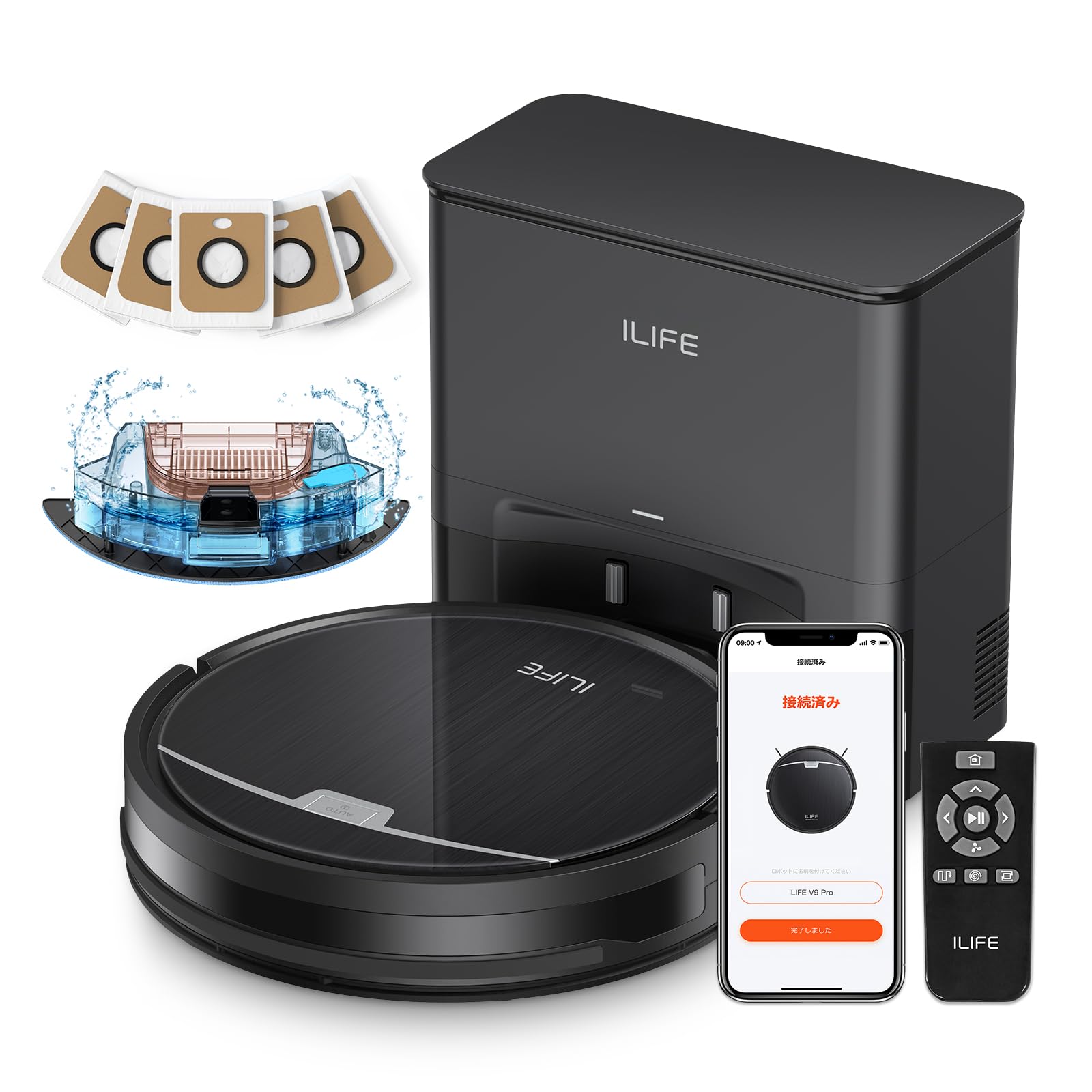 アイライフ(ILIFE) ロボット掃除機 自動ゴミ収集ステーション 2.5L大容量紙パック（5枚付き） 60日自動ゴミ収集 最小型ドックと本体 水拭き両用 3000Pa強力吸引 お掃除ロボット 超薄型