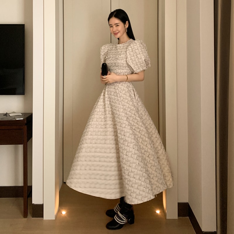 ツイードドレス パフスリーブ ラウンドネック ウエスト ドレス ワンピース 半袖ワンピ Aライ