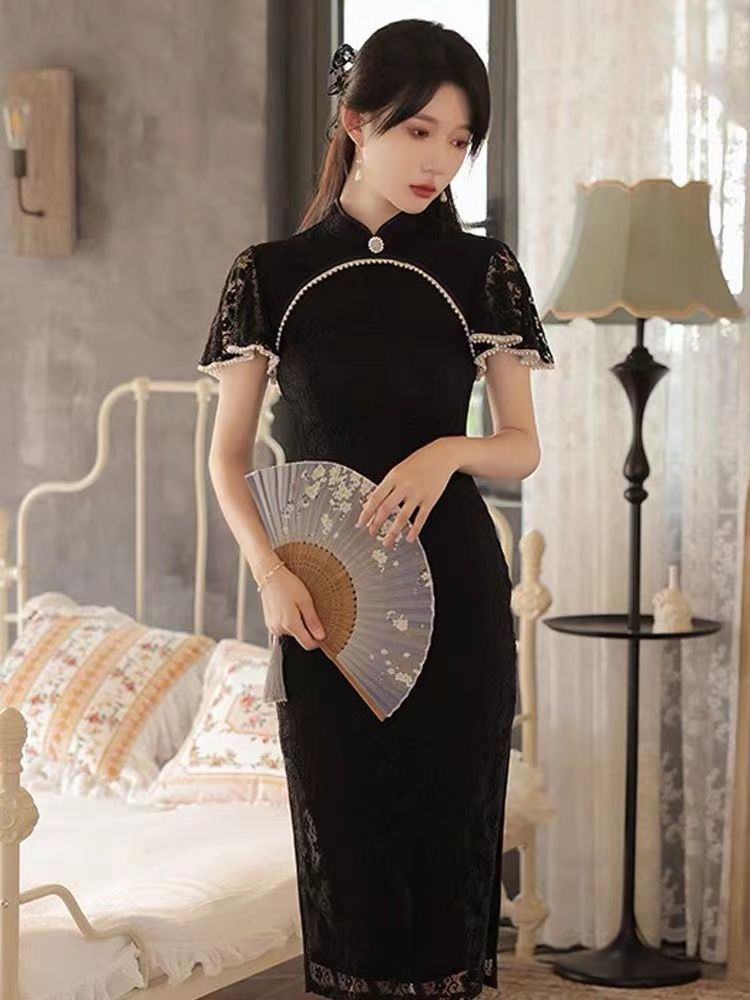 パーティードレス ドレス 便利！2wayワンピース 愛されドッキングワンピース ブラックレース改良チャイナドレス女の子ヤングスタイル2023夏レトロカントリースタイルスリム