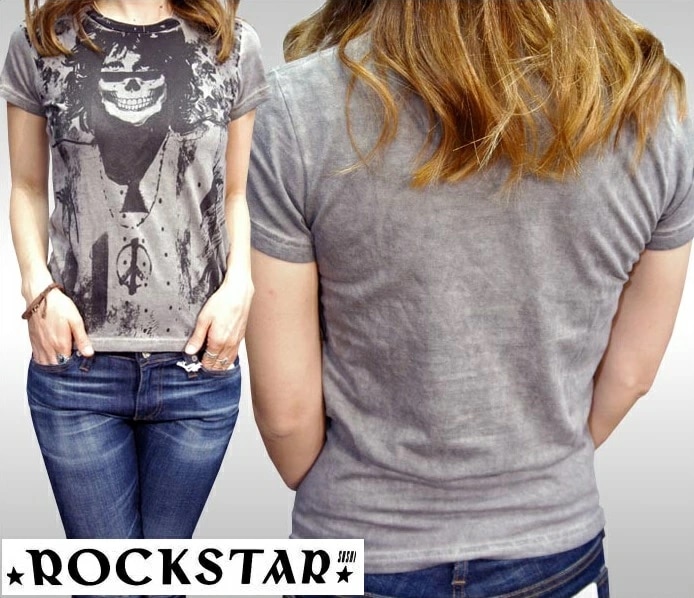 セール ロックスター レディース Tシャツ ROCKSTAR sushi グレー 半袖 トップス インポート LAセレブ ROCK ロック PUNK パンク サファリ スタイル セレブ ファッショ